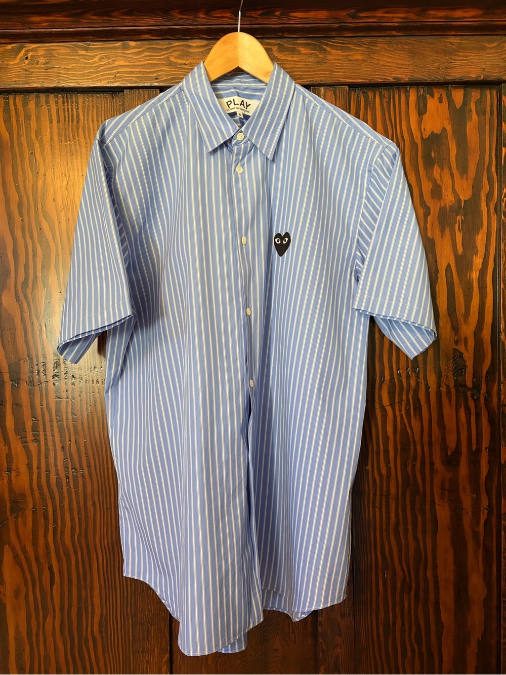 Comme des Garcons Striped Short-Sleeve Button-Up in Blue and White